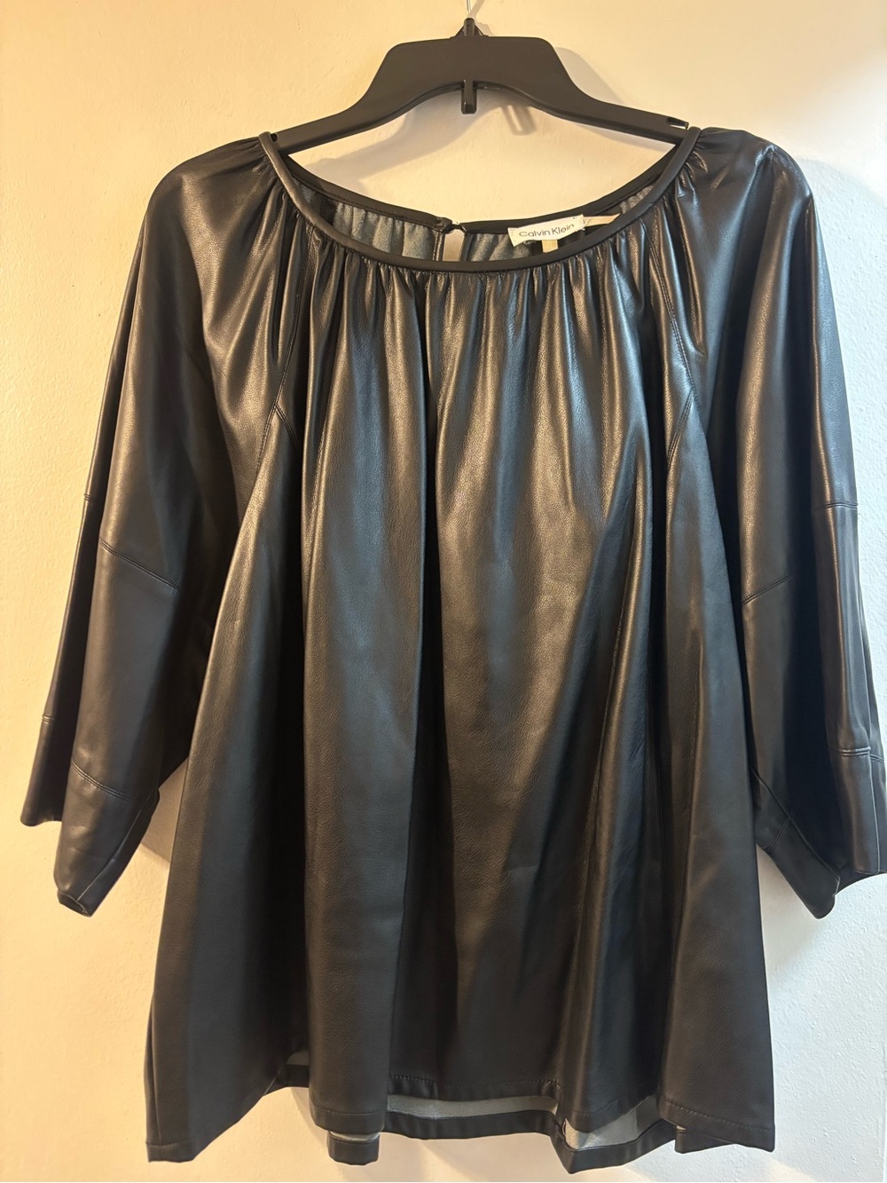 Calvin Klein Black Faux Leather Relaxed Peasant Tunic